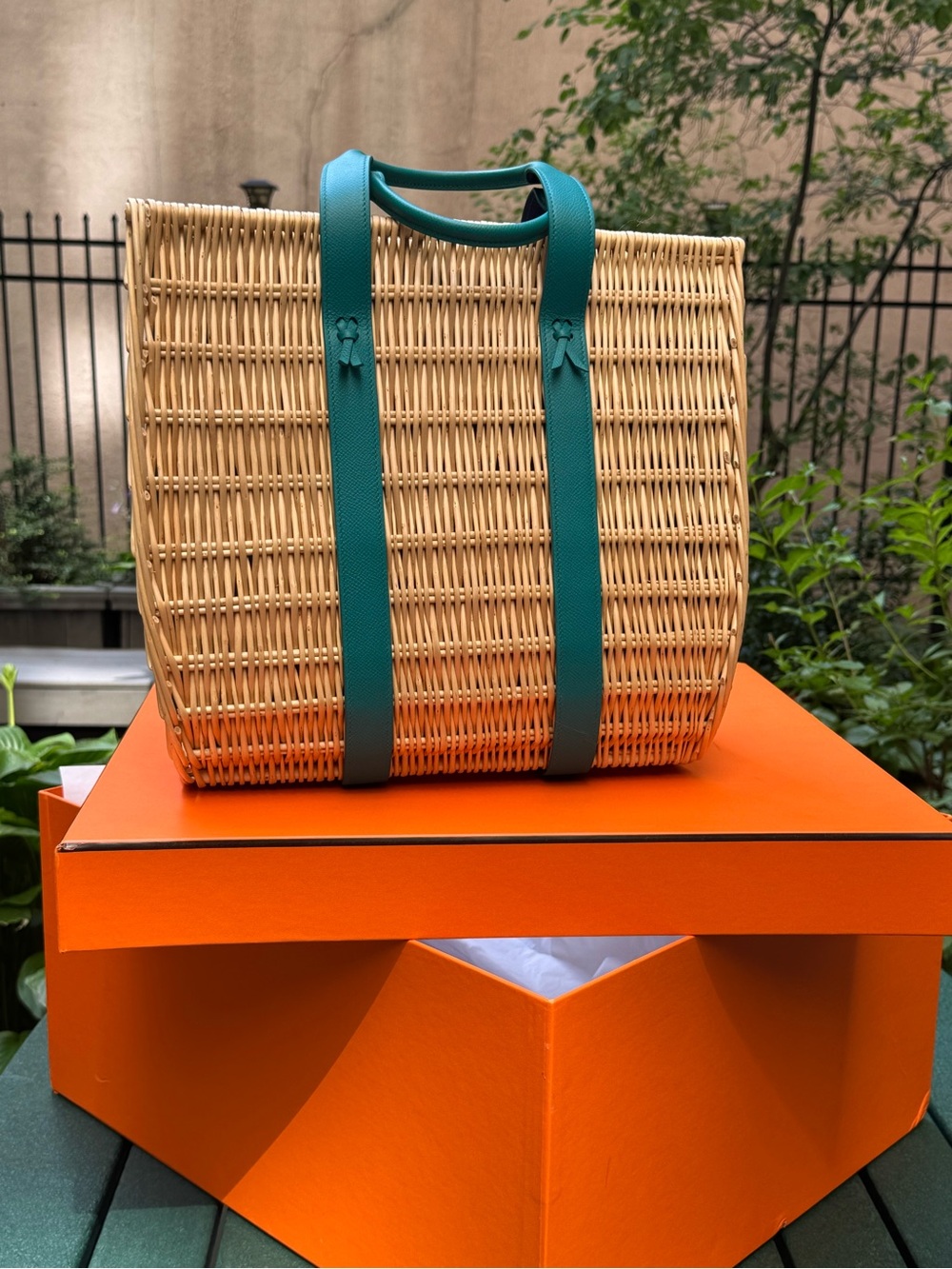 Hermes Natural Woven Tote with Teal Leather Straps